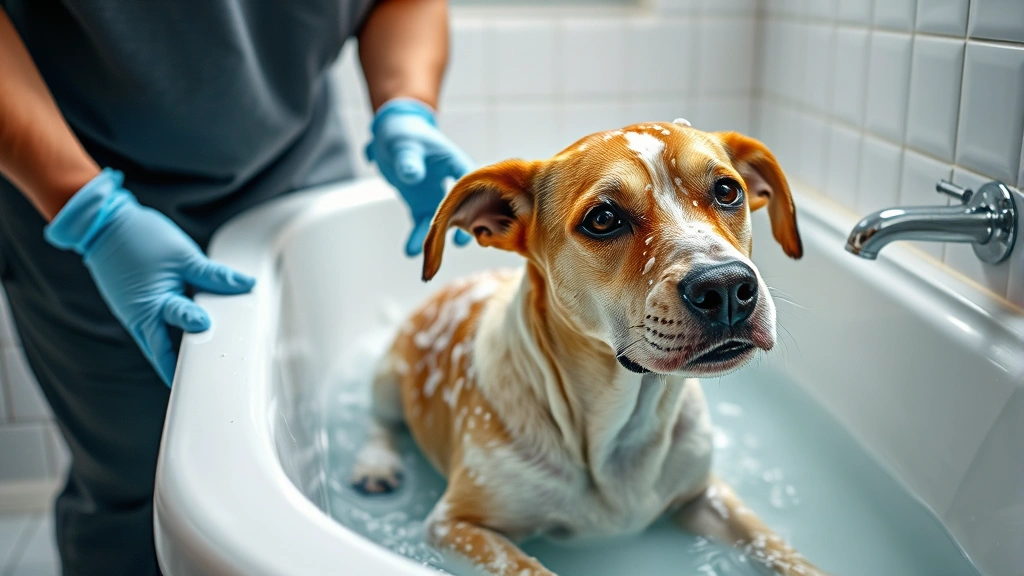 what to do if dog gets sprayed by skunk -
Photorealistic image of a wet dog being bathed with soapy water in a bathtub, o