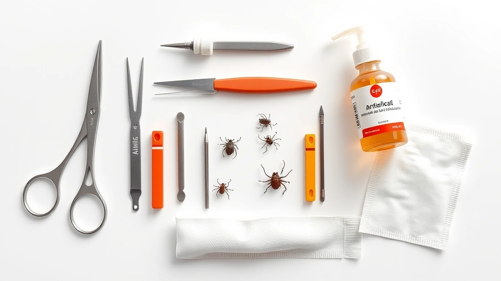 what to do if tick head stays in dog -
Photorealistic image of a tick removal tool kit laid out on a clean white surfa