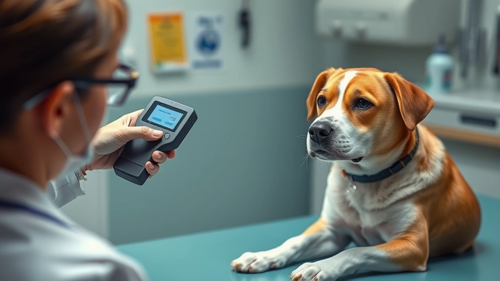 what to do if you find a lost dog -
Photorealistic image of a veterinary technician scanning a found dog with a mic