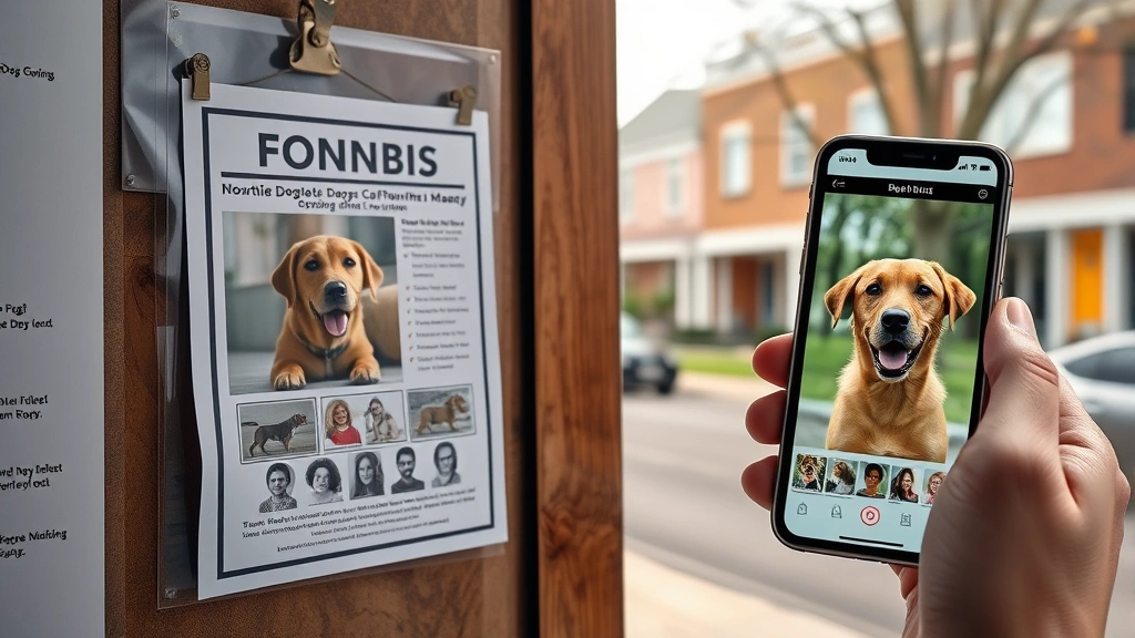 what to do if you find a lost dog -
Photorealistic image of a person posting a found dog flyer on a community bulle