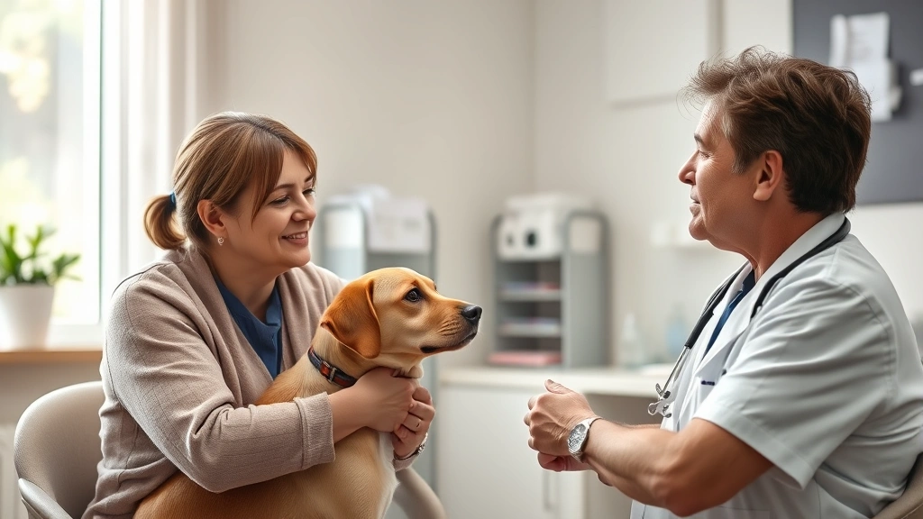 what to do if your dog dies at home -
Photorealistic image of a veterinarian speaking compassionately with a grieving