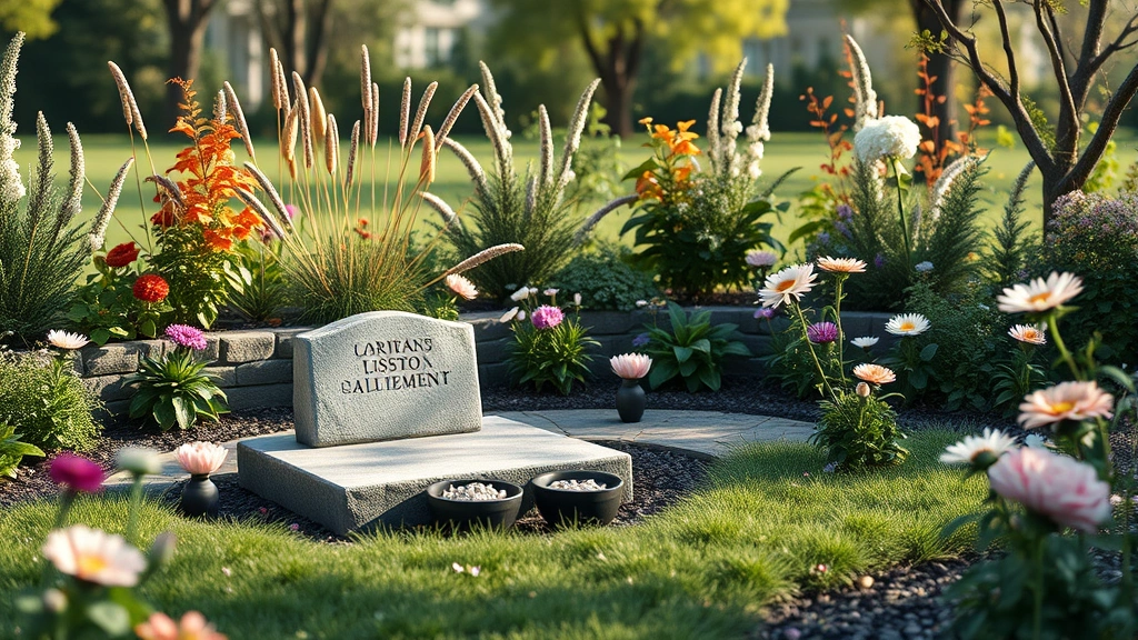 what to do if your dog dies at home -
Photorealistic image of a serene garden space with a small stone marker and flo