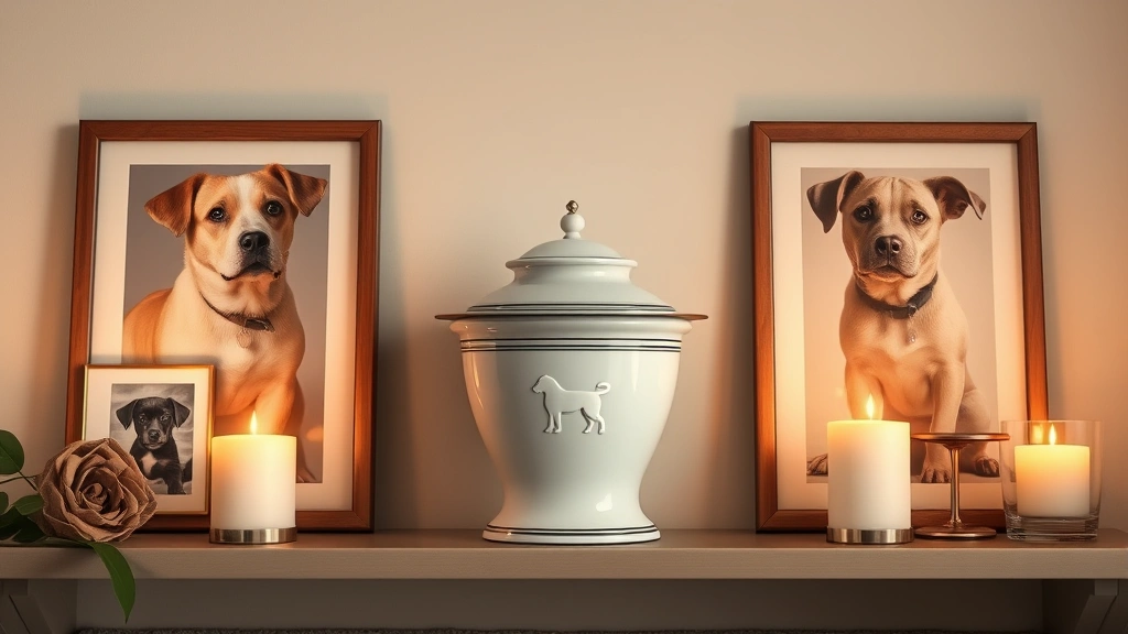 what to do when dog dies -
Photorealistic image of a serene pet cremation urn displayed on a shelf with fr