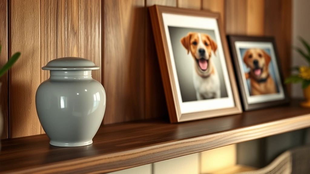 what to do with a dead dog -
A serene cremation urn displayed on a wooden shelf with framed photographs of a
