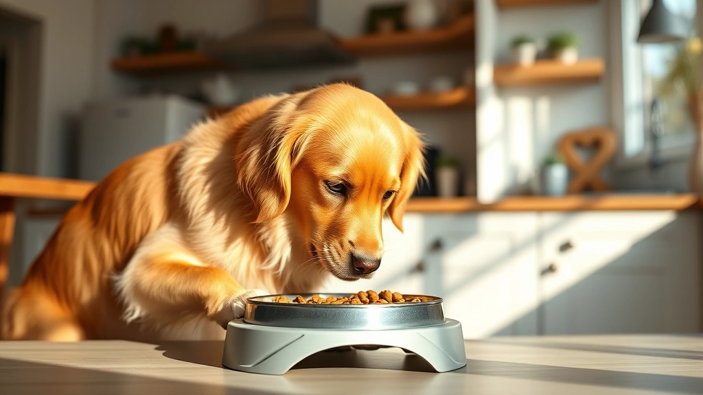 what to feed a dog with acid reflux -
Photorealistic image of a golden retriever eating from an elevated food bowl in