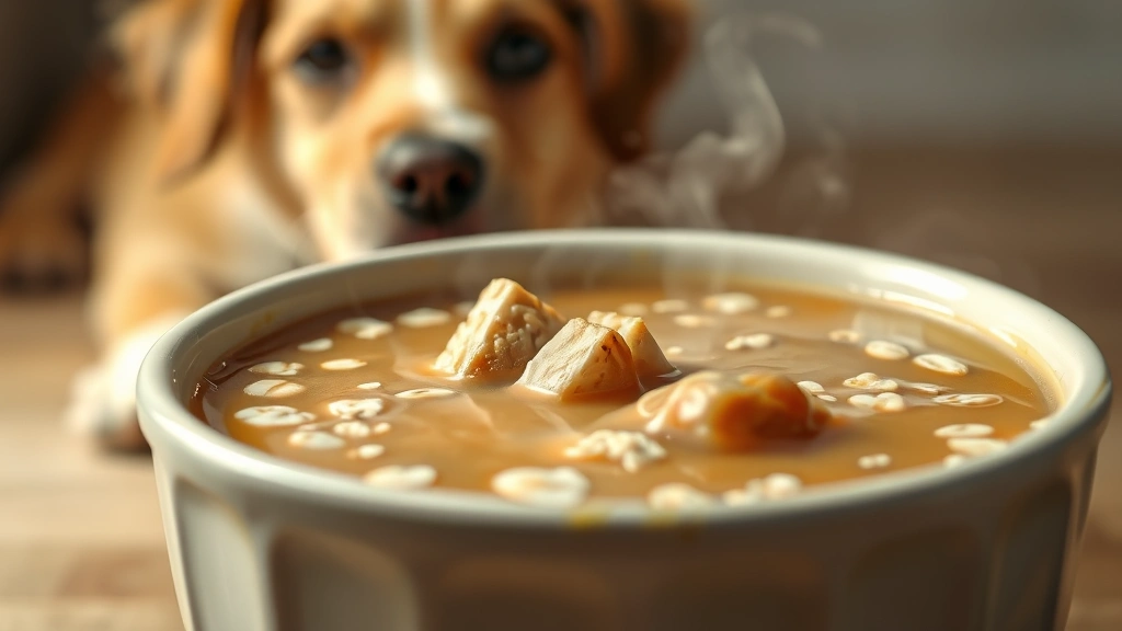 what to feed a dog with acid reflux -
Photorealistic close-up of a steaming bowl of bone broth and plain oatmeal mixt