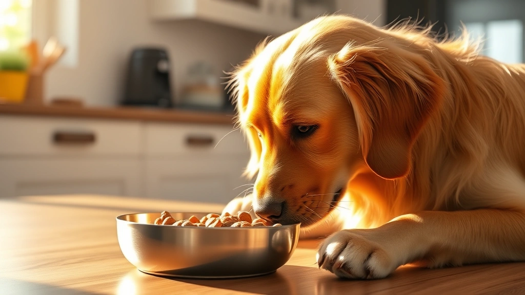 what to feed a dog with giardia -
Photorealistic image of a healthy golden retriever eating from a bowl of bland