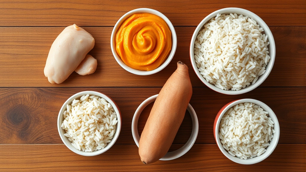 what to feed a dog with giardia -
Photorealistic overhead shot of various dog-safe foods arranged on a wooden tab