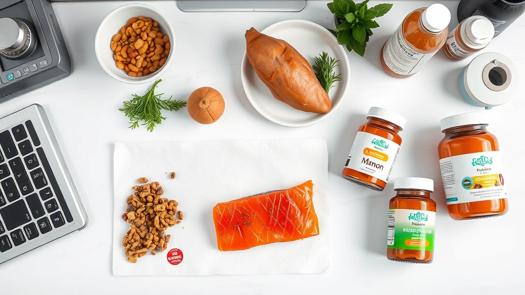 what to feed a dog with inflammatory bowel disease -
Photorealistic overhead shot of a veterinary nutritionist’s desk with dog