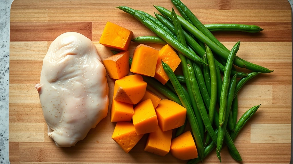 what to feed a dog with pancreatitis -
Photorealistic overhead shot of a meal prep scene with plain cooked chicken bre