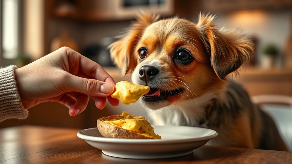 what to feed a sick dog -
Photorealistic image of a small dog being hand-fed a piece of scrambled egg by