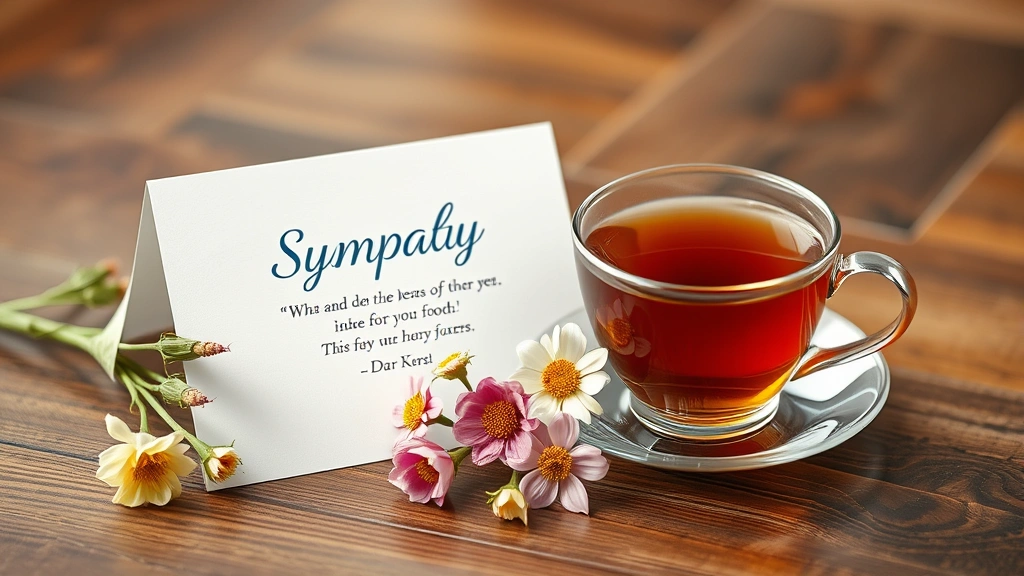 what to get someone when their dog dies -
Photorealistic shot of a sympathy card with flowers and a cup of tea on a woode