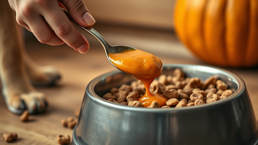 what to give a dog for constipation -
Photorealistic close-up of a hand spooning pumpkin puree into a dog’s foo