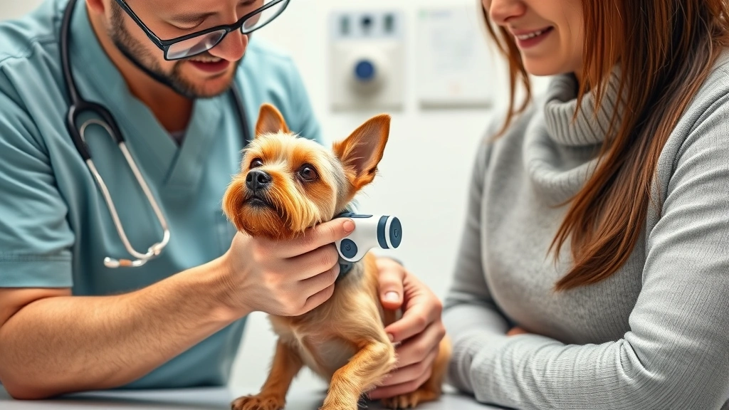 what to give a dog for fever -
Photorealistic image of a veterinarian taking a rectal temperature reading on a