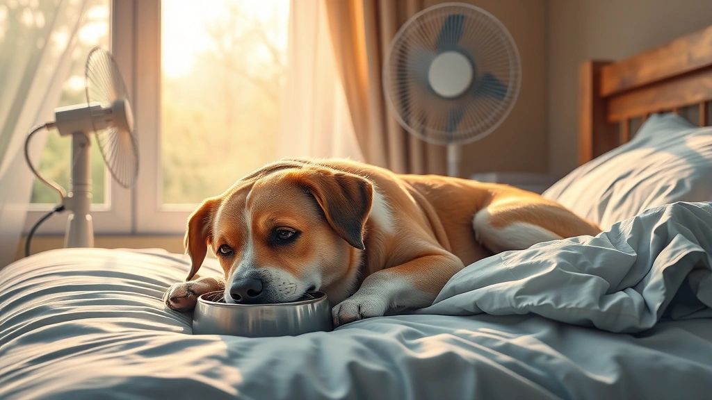 what to give a dog for fever -
Photorealistic image of a feverish dog lying on a cool bed near an open window 