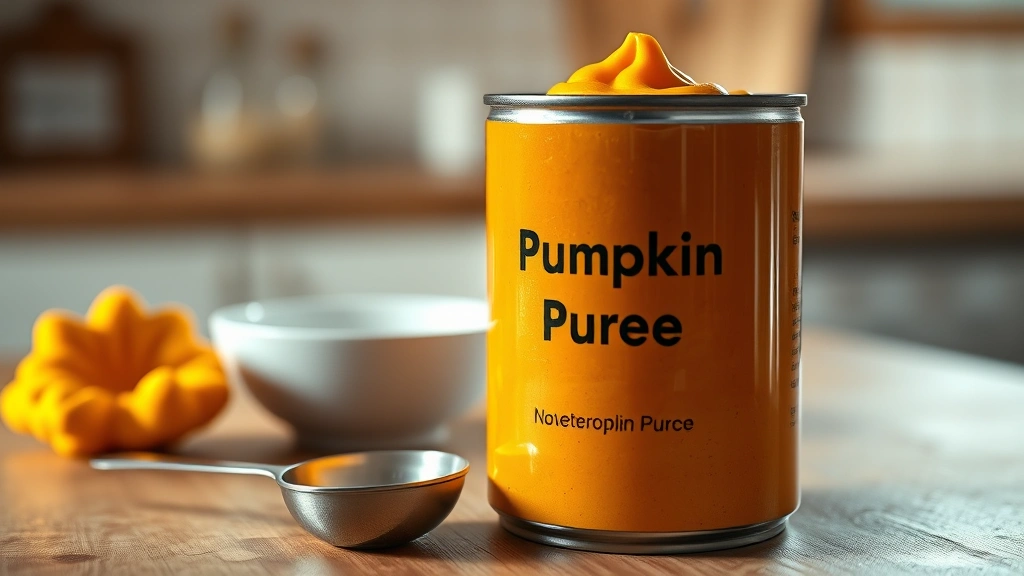 what to give a dog with an upset stomach -
Photorealistic close-up of a can of pure pumpkin puree next to a measuring spoo