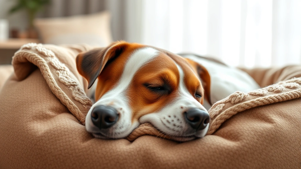 what to give a dog with an upset stomach -
Photorealistic image of a brown and white dog resting peacefully on a cozy dog 