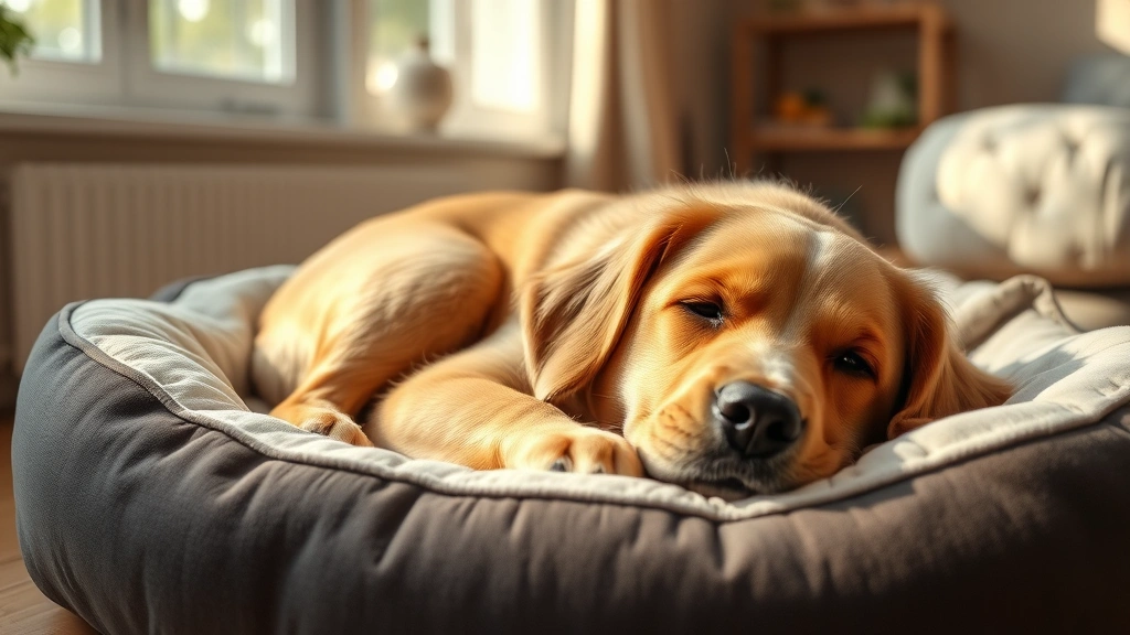 what to give a dog with diarrhea and vomiting -
Photorealistic image of a golden retriever resting on a soft dog bed looking ti