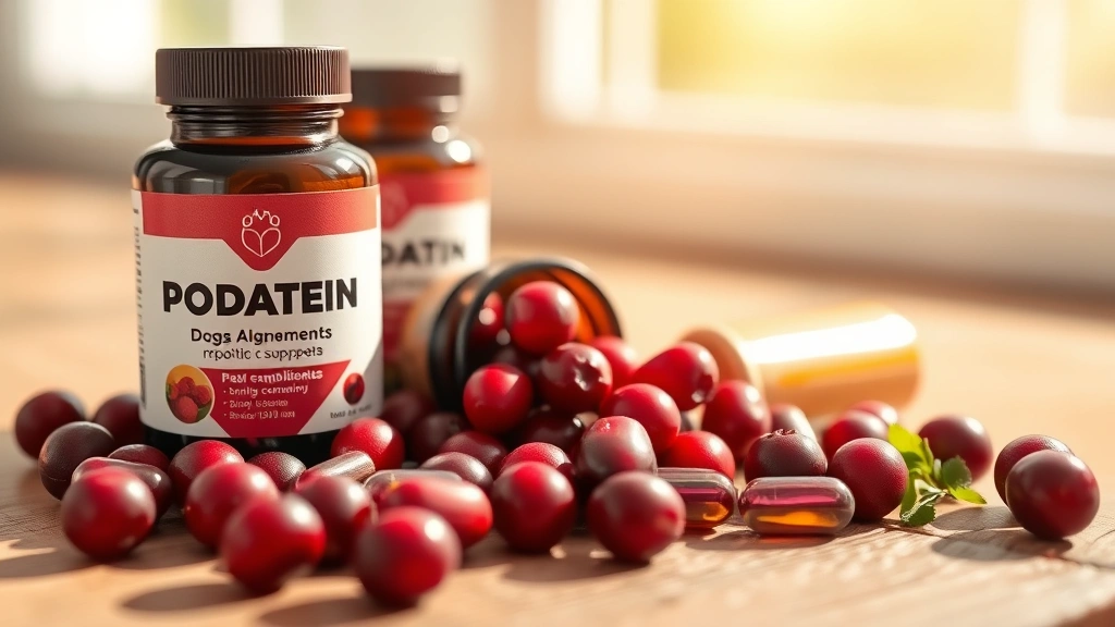 what to give dog for uti -
Photorealistic close-up of dog probiotic supplements, cranberry capsules, and f