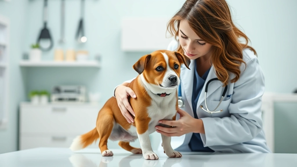 what to give dog for uti -
Photorealistic image of a female veterinarian in white coat examining a small b