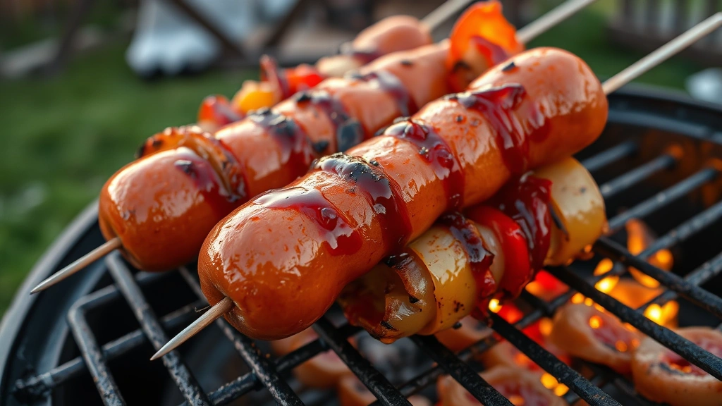 what to make with hot dogs without buns -
Photorealistic close-up of grill marks on charred hot dog pieces on metal skewe