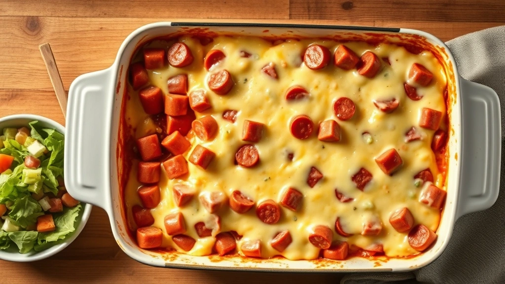 what to make with hot dogs without buns -
Photorealistic overhead shot of hot dog casserole in baking dish with melted ch