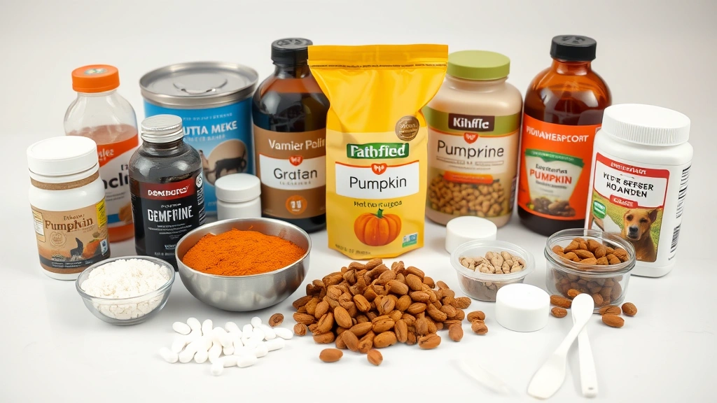 what to put in dog food to stop eating poop -
Photorealistic image of various dog food supplements and additives arranged on 