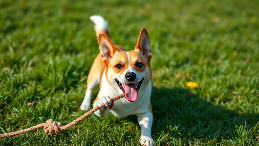 what to put in dog food to stop eating poop -
Photorealistic happy medium-sized dog playing with a rope toy outdoors in a gra