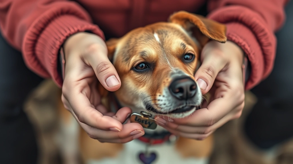 what to put on dog tag -
Photorealistic image of a person’s hands holding a lost dog while looking