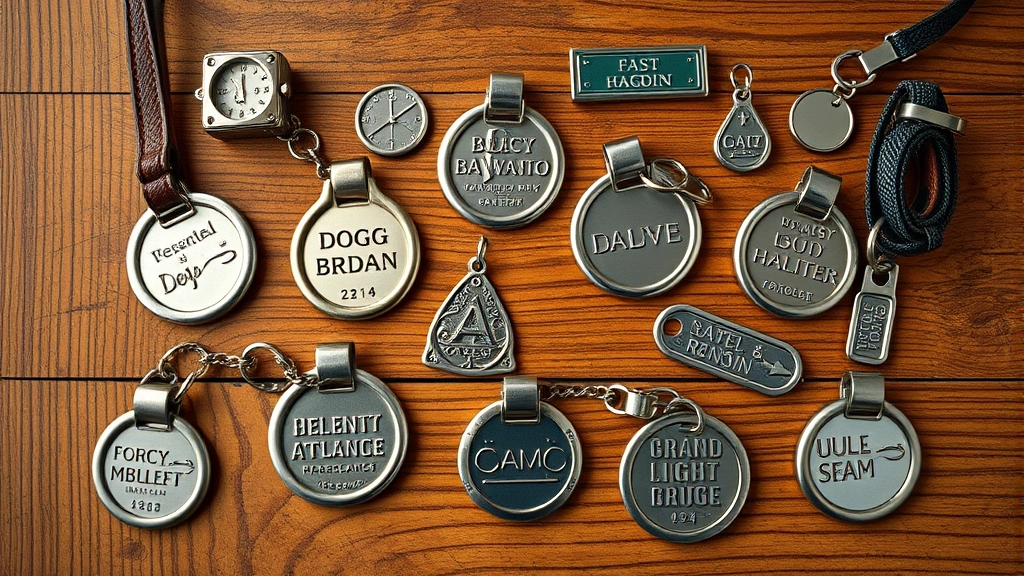 what to put on dog tag -
Photorealistic overhead shot of multiple dog tags arranged on a wooden surface 