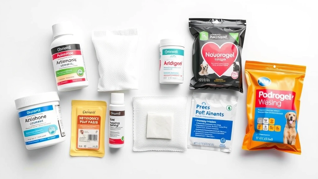 what to put on dog wound -
Photorealistic image of various vet-approved wound care products for dogs arran