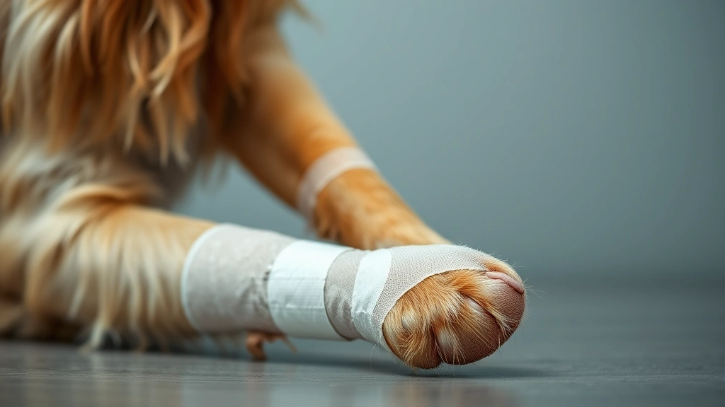 what to put on dog wound -
Photorealistic photo of a golden retriever with a properly bandaged paw wound, 