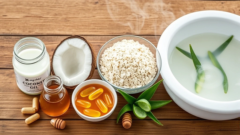 what to put on dogs dry skin home remedies -
Photorealistic image of various natural dog skin care remedies arranged on wood