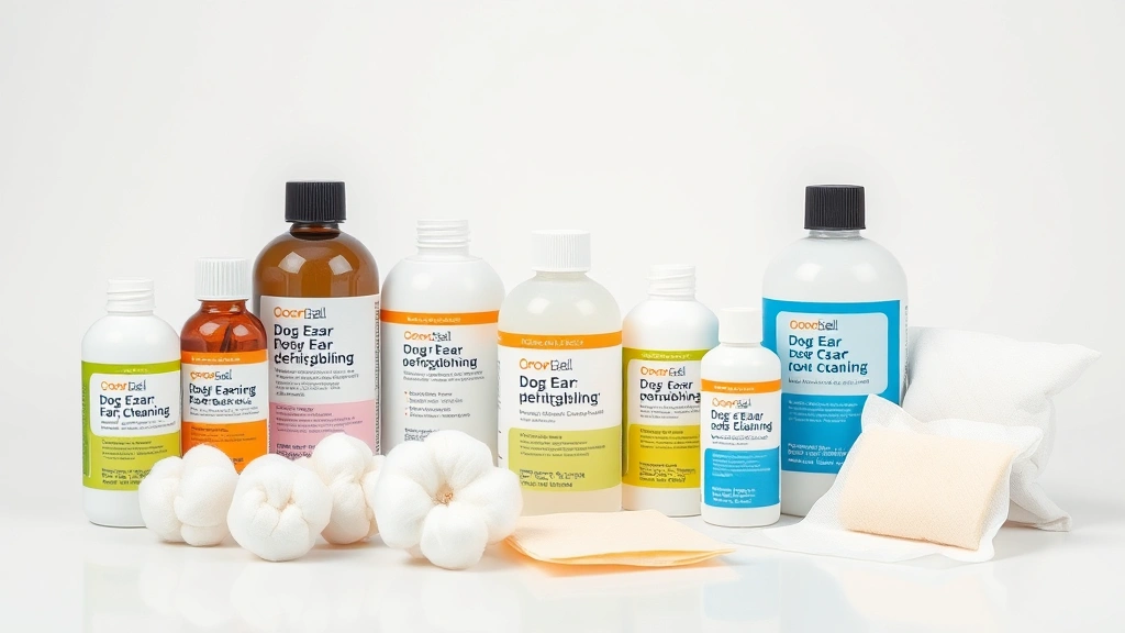 what to use to clean dogs ears -
Photorealistic image of various dog ear cleaning products arranged on a white s