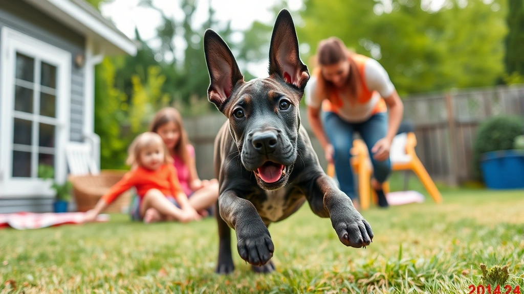 what type of dog is marmaduke -
A photorealistic Great Dane puppy playing in a backyard with a family, demonstr