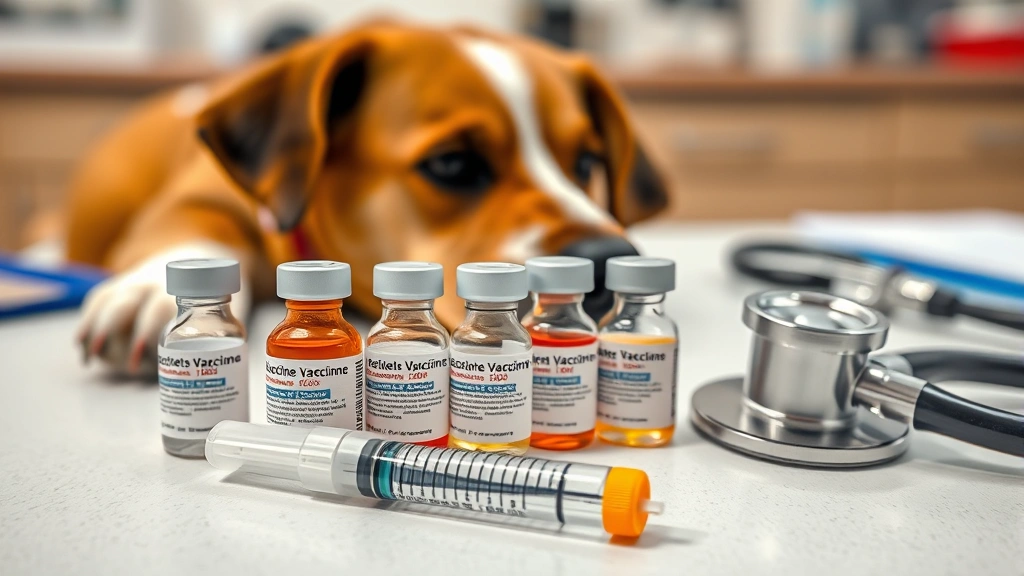 what vaccines do dogs need -
Photorealistic photo of various dog vaccine vials and syringes arranged on a ve