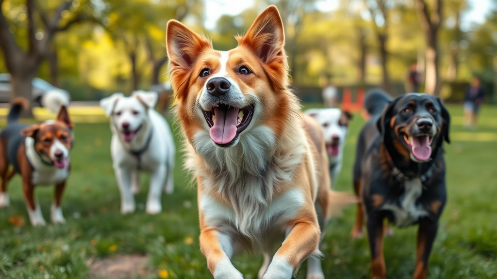 what vaccines do dogs need -
Photorealistic image of a happy adult dog playing outdoors in a park with other