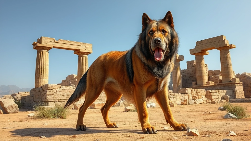 what was the first dog breed -
Photorealistic depiction of ancient Mesopotamian Mastiff-type dog with powerful