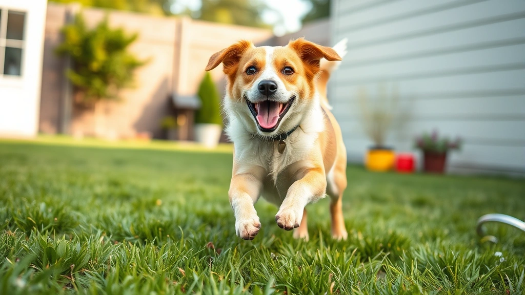 when a dog poops blood what does that mean -
Photorealistic image of a healthy dog playing happily in a grassy backyard duri