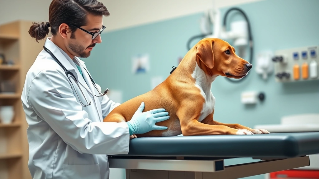 when a dog poops blood what does that mean -
Photorealistic image of a veterinarian in a white coat performing a physical ex