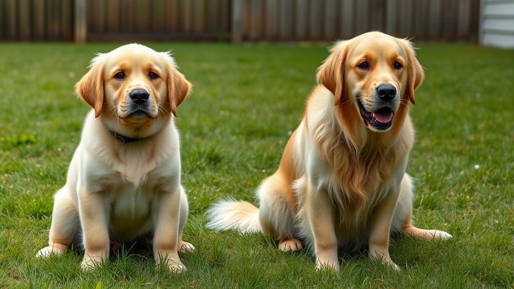 when are dogs full grown -
Photorealistic image of a large Golden Retriever puppy and adult Golden Retriev