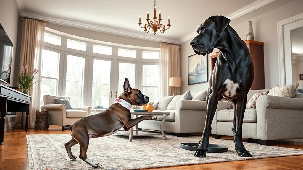 when are dogs full grown -
Photorealistic image of a giant Great Dane puppy playing with an adult Great Da