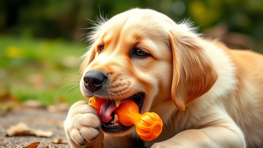 when do dogs get their adult teeth -
Photorealistic image of a happy golden retriever puppy chewing on a rubber teet
