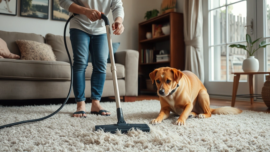 when do dogs moult the most -
Dog owner vacuuming living room carpet covered with dog hair during shedding se