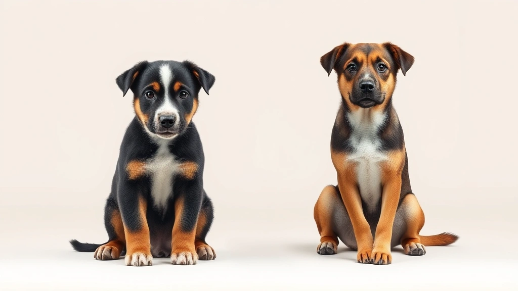 when do dogs reach full size -
Photorealistic image of a large breed puppy and adult dog side by side demonstr