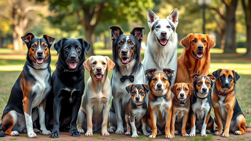 when do dogs reach full size -
Photorealistic image of various dog breeds at different life stages arranged to