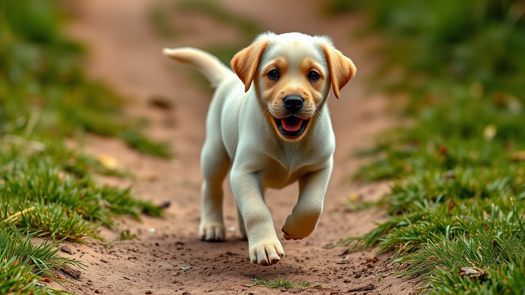 when do dogs start walking -
Photorealistic image of a 6-week-old Labrador puppy walking confidently on a di