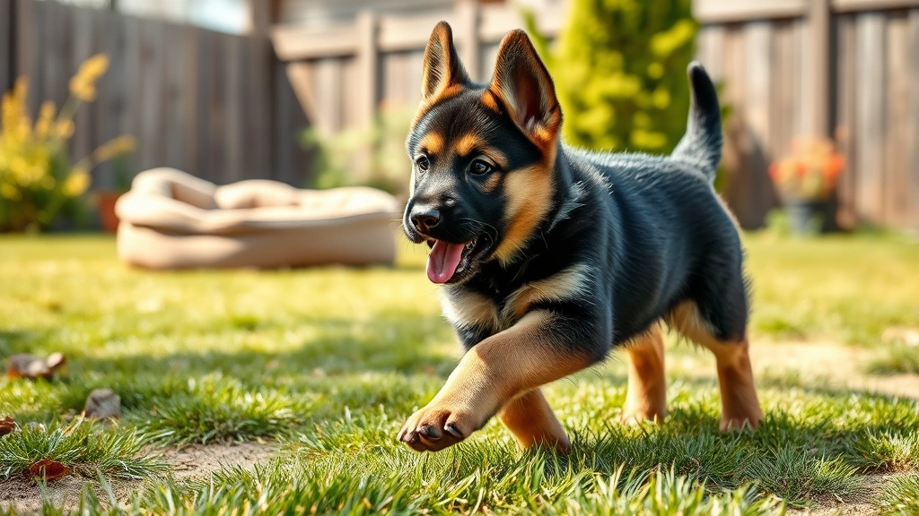 when do dogs start walking -
Photorealistic image of a 3-month-old German Shepherd puppy trotting through a