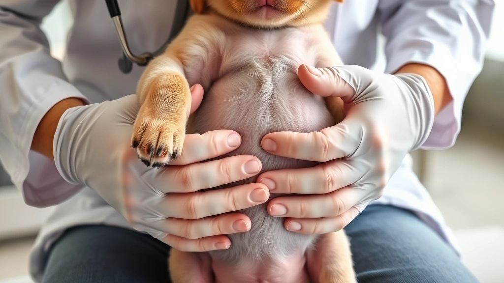 when do dogs testicles drop -
photorealistic close-up of a veterinarian’s hands performing a gentle pal