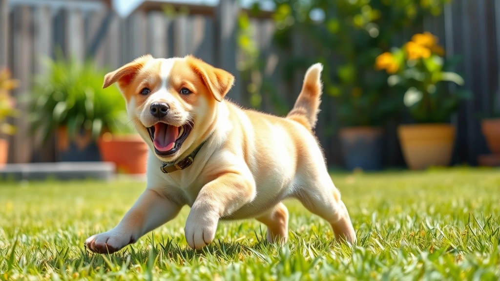 when do dogs testicles drop -
photorealistic image of a happy 4-month-old male puppy playing outdoors in a sa